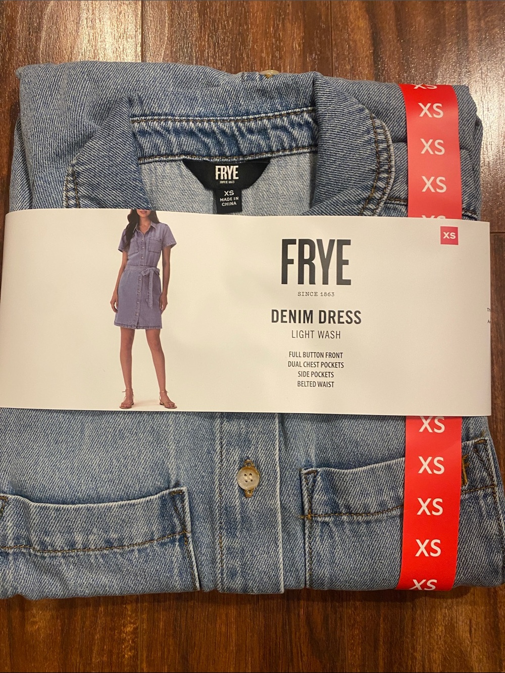 Frye Light Wash Denim Dress pockets, tie waist, button front